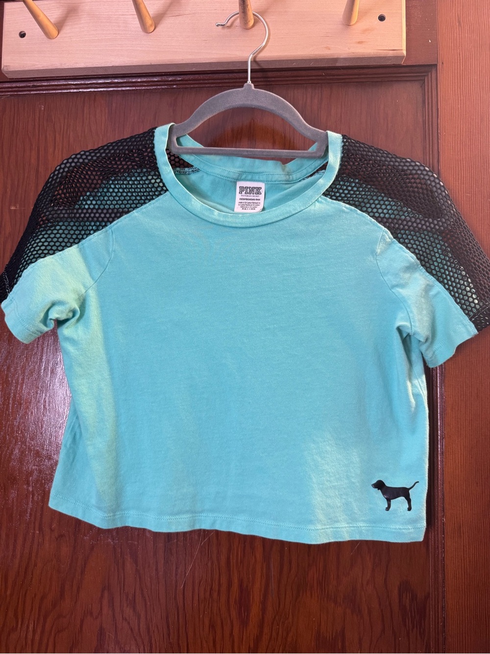PINK Victoria's Secret Teal Crop Tee with Black Mesh Sleeves